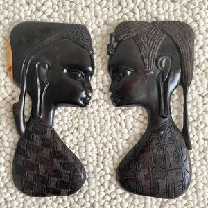12” Tanzanian Ebony Carving Couple Pair Wall Relief Faces Masks